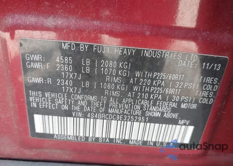 2014 Subaru Outback 2.5I Premium z USA, uszkodzony, nr VIN 4S4BRCDC9E3252951